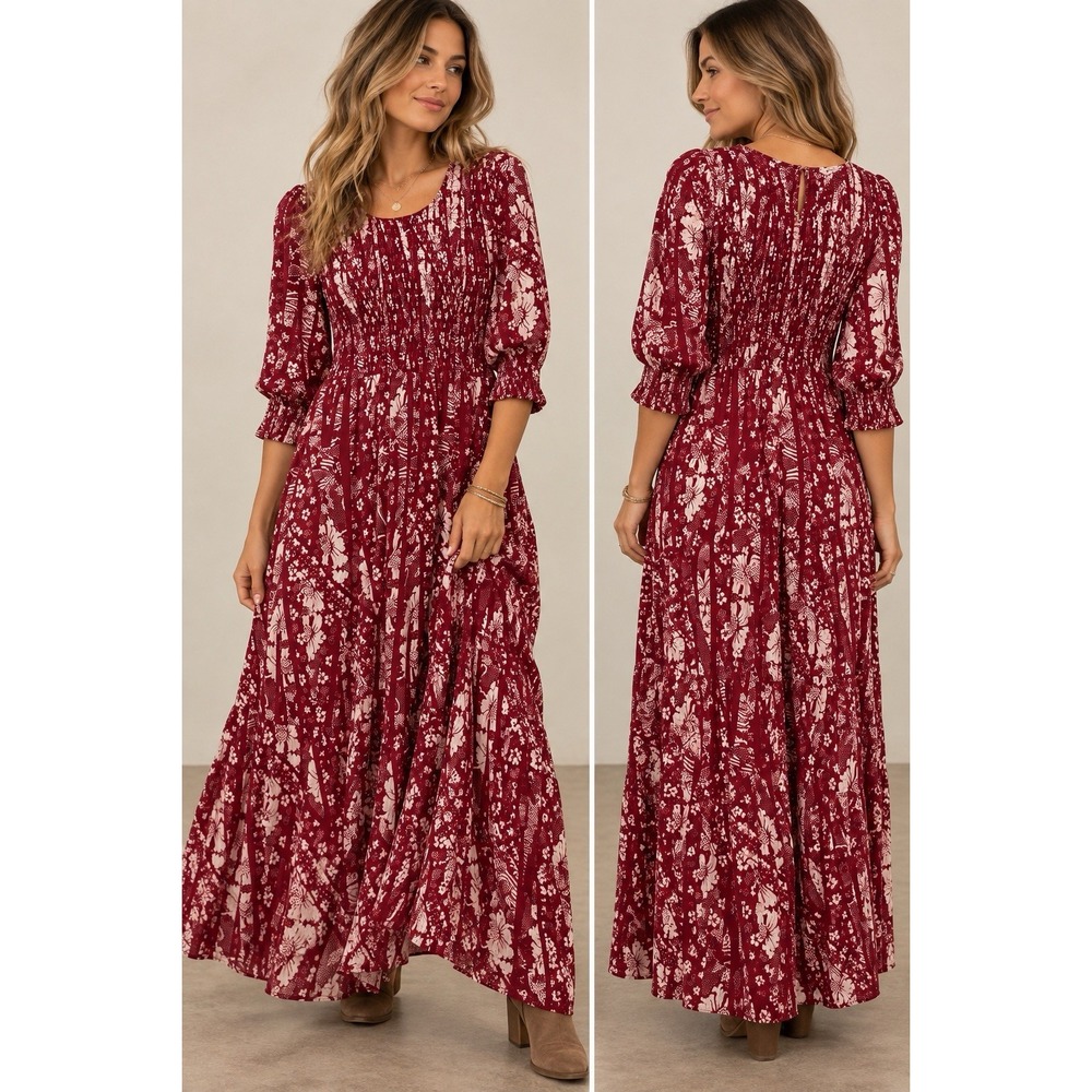 Soft Surroundings Smocked Tiered Maxi Dress Floral Puff Sleeve Long Stretch Boho